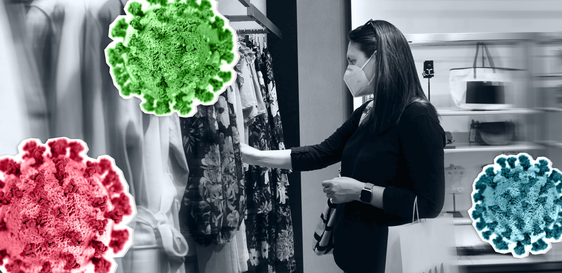Woman shops in a mask with illustrated Coronavirus floating around her